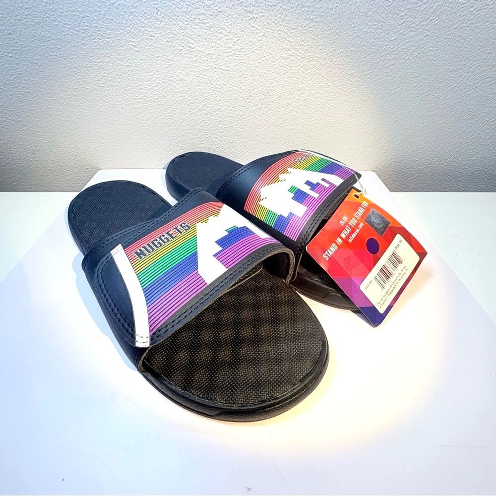 NWT ISlide Denver Nuggets NBA Black Slides Rainbow Skyline Mile High Men's sz 10